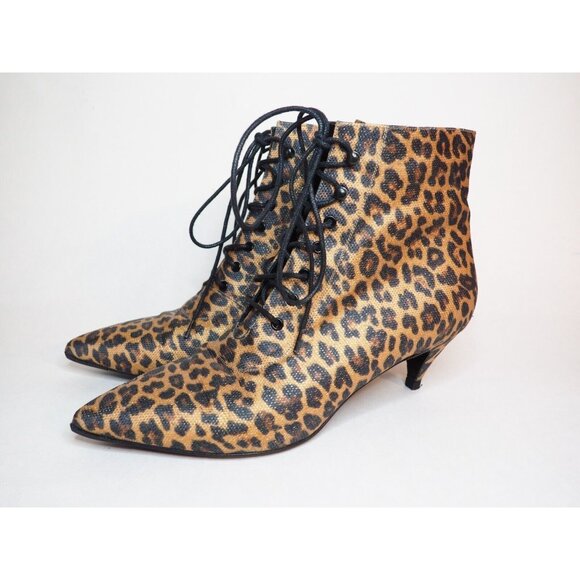 Saint Laurent Shiny Leopard Lace-Up Kitten Heel Booties, Size 8.5 (US) 38.5 (EU) - Picture 1 of 12